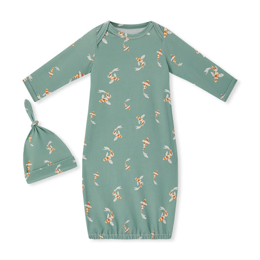 Organic Cotton Newborn Gown & Hat Set | Swimming Koi