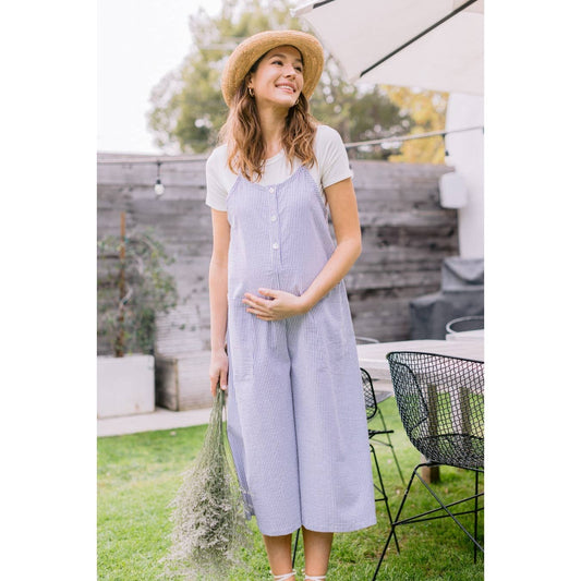 Striped Button Down Maternity Cropped Jumpsuit