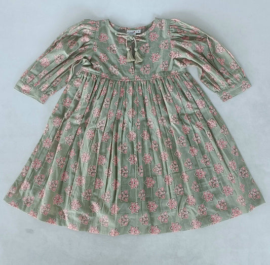 Sage-Green Floral Printed Sleeve Gathered Dress : Infant : Baby : Toddler : Tween : Kids