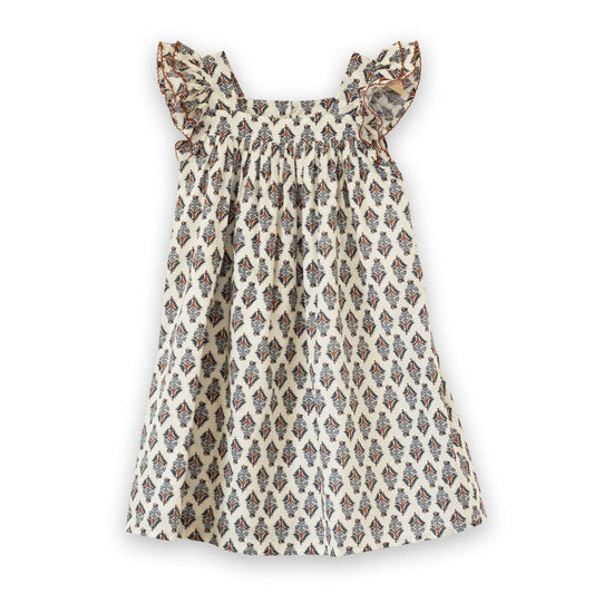 Girls Everly Square Neck Dress | Teal and Brown Jewel Handblock