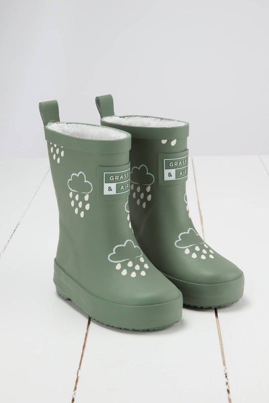 Lined Khaki Green Color-Changing Kids Rainboots