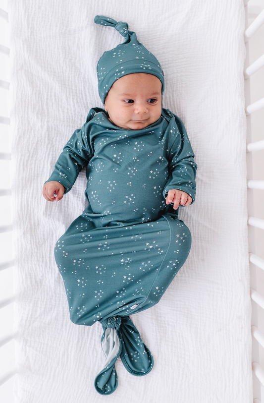 Baby Bamboo Knotted Baby Gown + Hat Gift Set - Starlit Sky