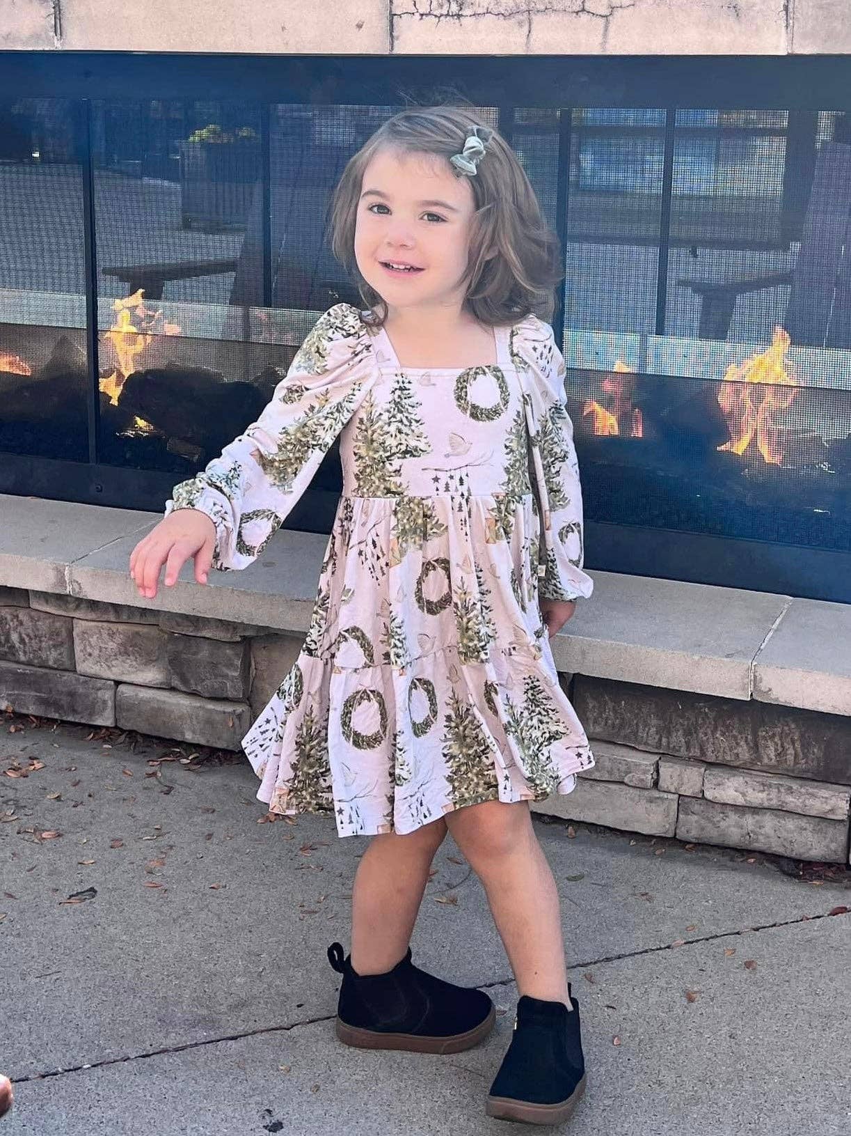 Soft Snow Puff Sleeve Twirl Dress