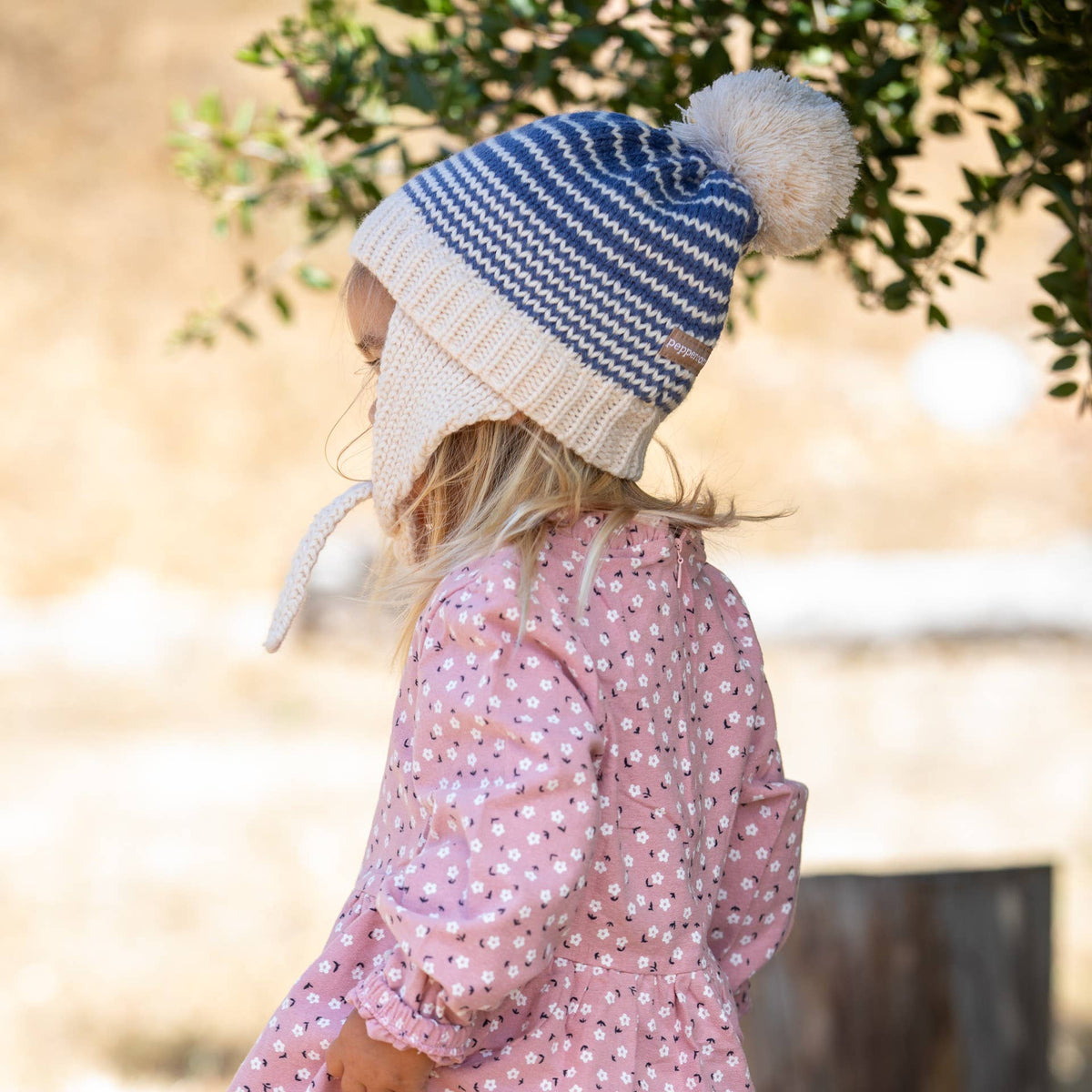 Kids Earflap Winter Hat- Striped Blue- Toddler/ Small Child