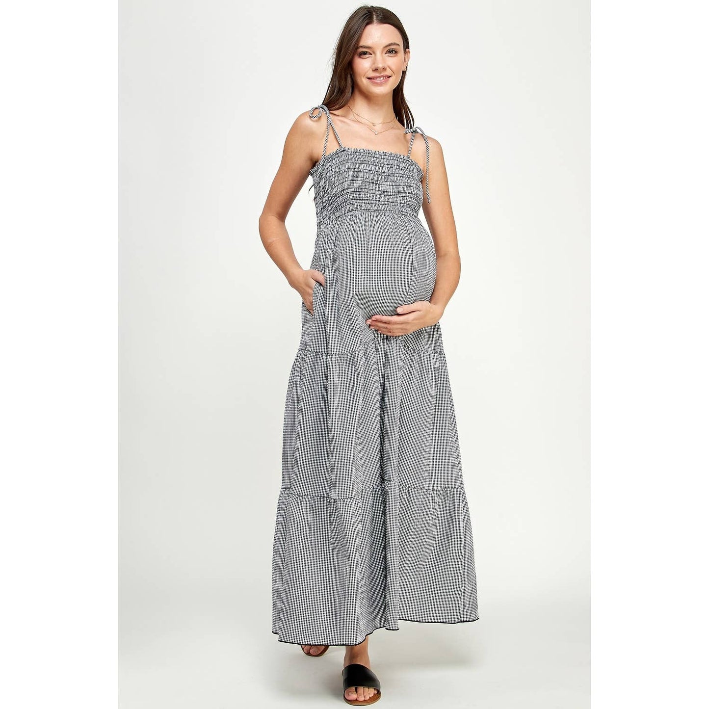 Gingham Tie-Strap Maternity Tiered Maxi Dress
