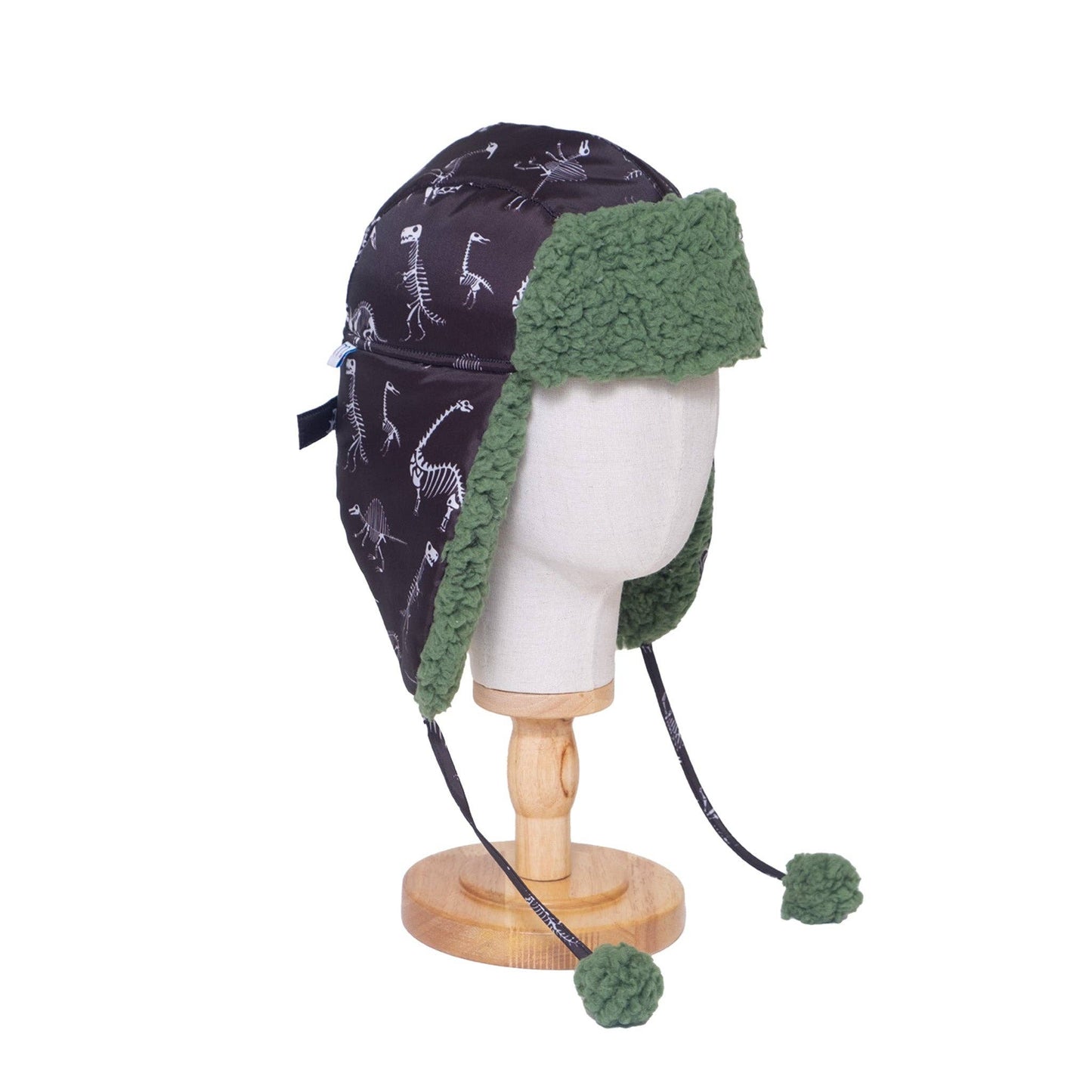 The Cozy Trapper – Dino Bones Print with Katydid Green Sherpa Liner & Pompoms