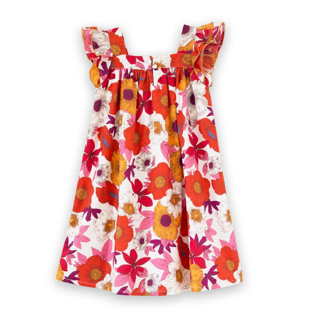 Girls Everly Square Neck Dress | Red and Orange Floral Medley