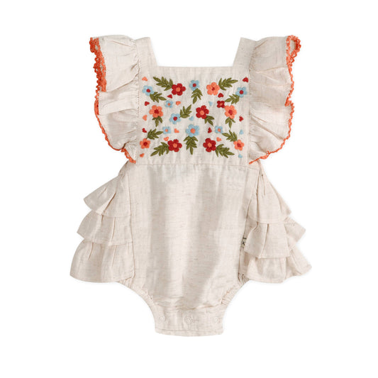 Anya Embroidered Baby Romper + Headband (Linen Blend)