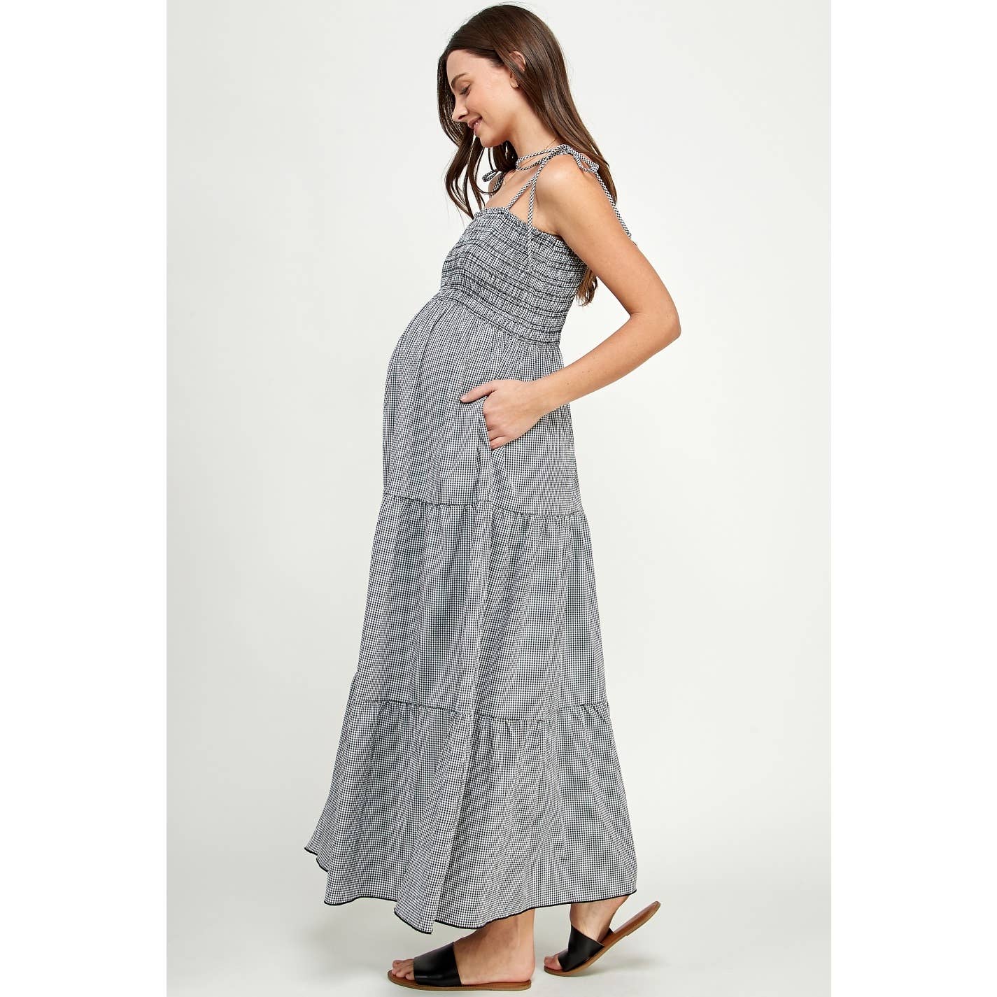 Gingham Smocked Tie-Shoulder Maternity Maxi Dress