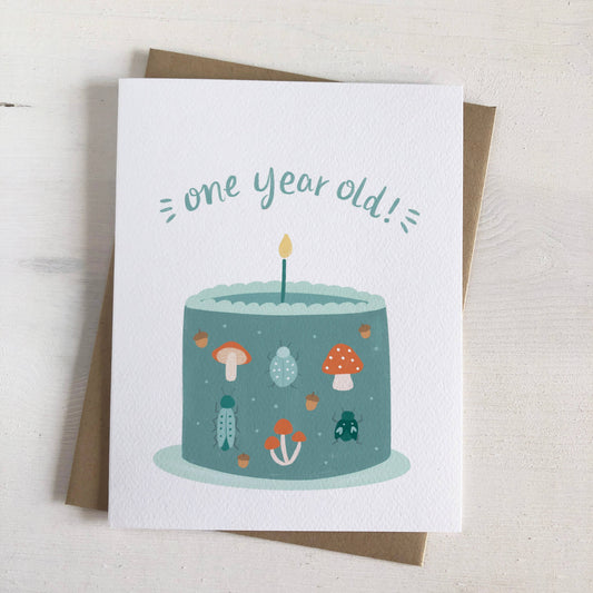 One Year Old - Bugs Mushrooms Baby Birthday Greeting Card