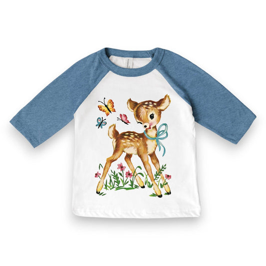 Kids Raglan Tee – Little Doe Deer Graphic, Soft Cotton/Poly