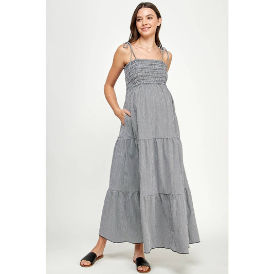 Gingham Smocked Tie-Shoulder Maternity Maxi Dress