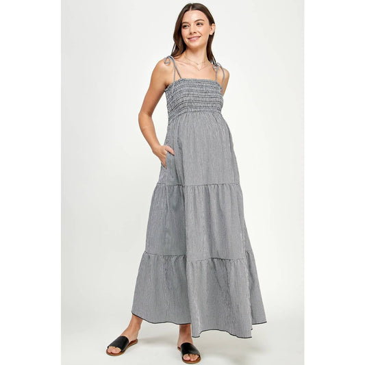 Gingham Tie-Strap Maternity Tiered Maxi Dress