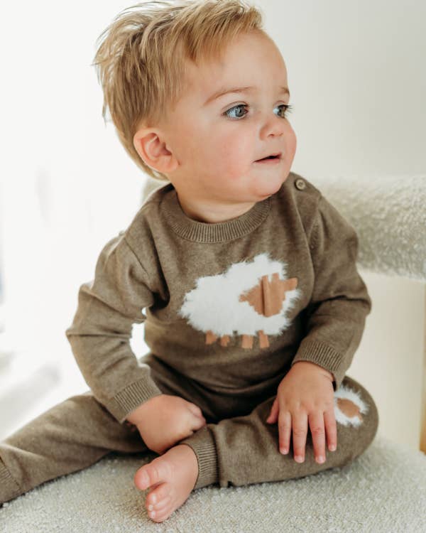 Sheep Jacquard Knit Baby Pullover & Pant SET Organic Cotton