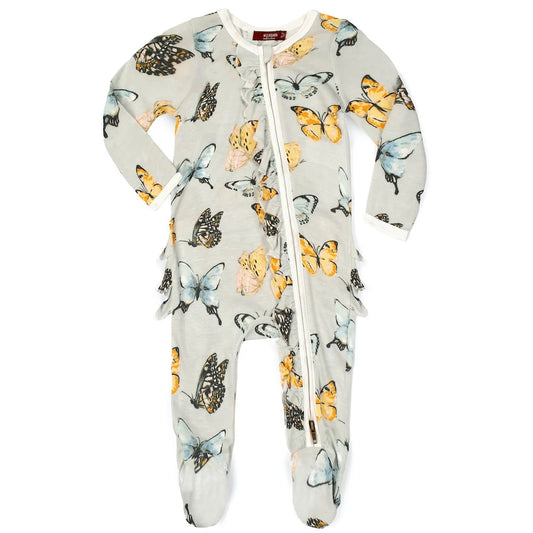 BAMBOO RUFFLE ZIPPER FOOTED ROMPER BUTTERFLY