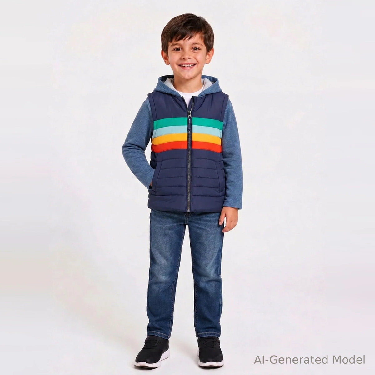 Hooded Puffer Vest Jacket | Multicolor Stripe