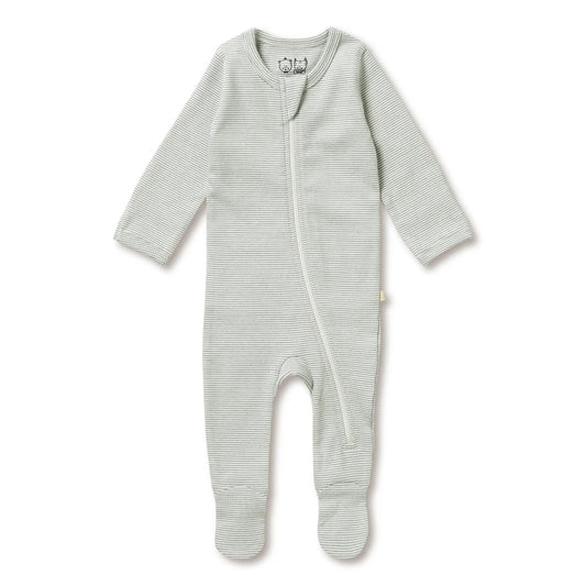 Organic Stripe Rib Zipsuit with Feet- Fern