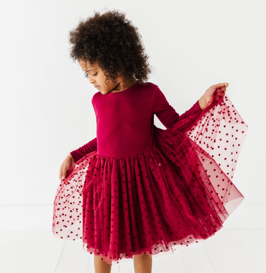 Kids Girls Velvet Heart Holiday Tulle Dress - Ruby