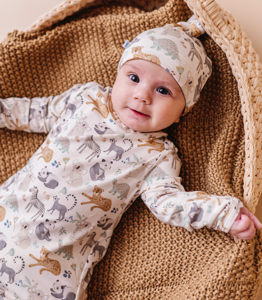 Baby Bamboo Knotted Baby Gown + Hat Gift Set - Safari Friend