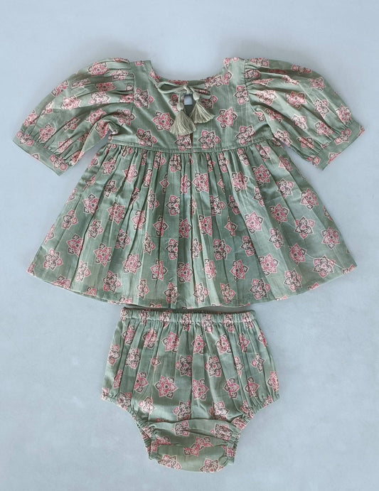 Sage-Green Floral Printed Sleeve Gathered Dress : Infant : Baby : Toddler : Tween : Kids