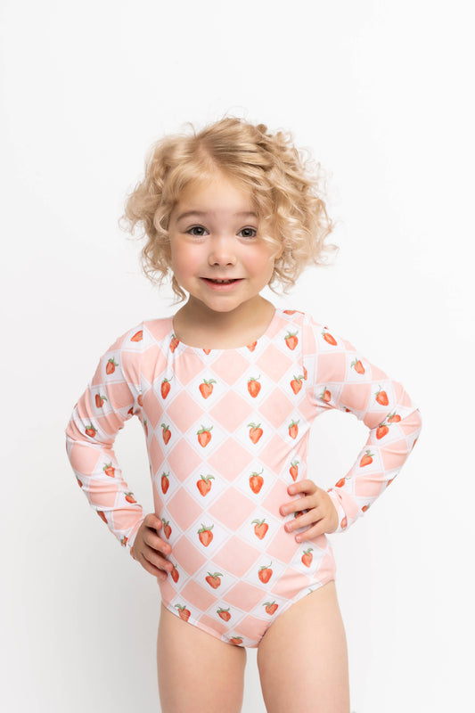 Strawberry Check Rash Guard Kids One Piece