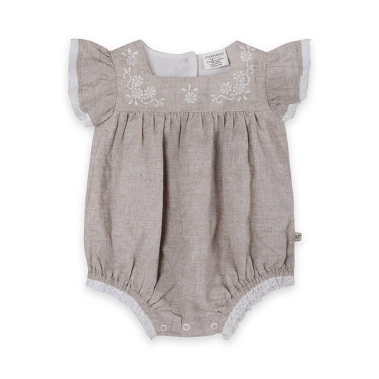 Lena Floral Embroidered Baby Romper + Headband (Linen Blend)