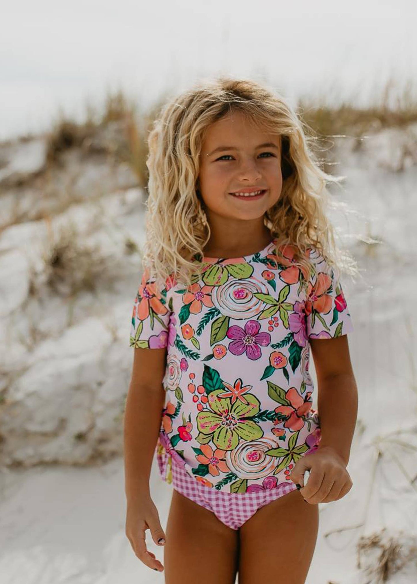 Kids Lavender & Lime Check Rash Guard Ruffle Swimsuit - Oopsie Daisy