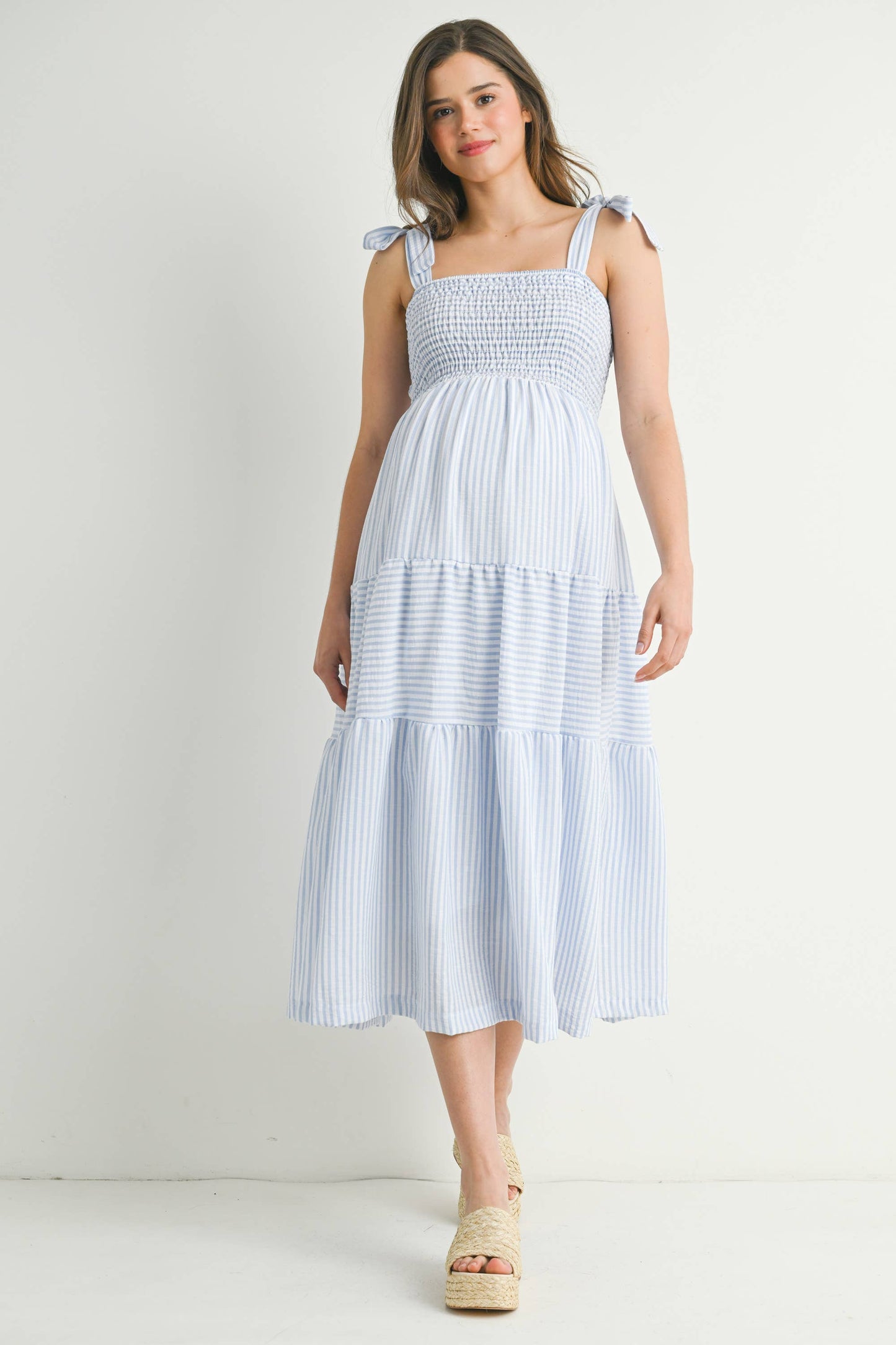 Striped Ruffle Tiered Maternity Midi Dress