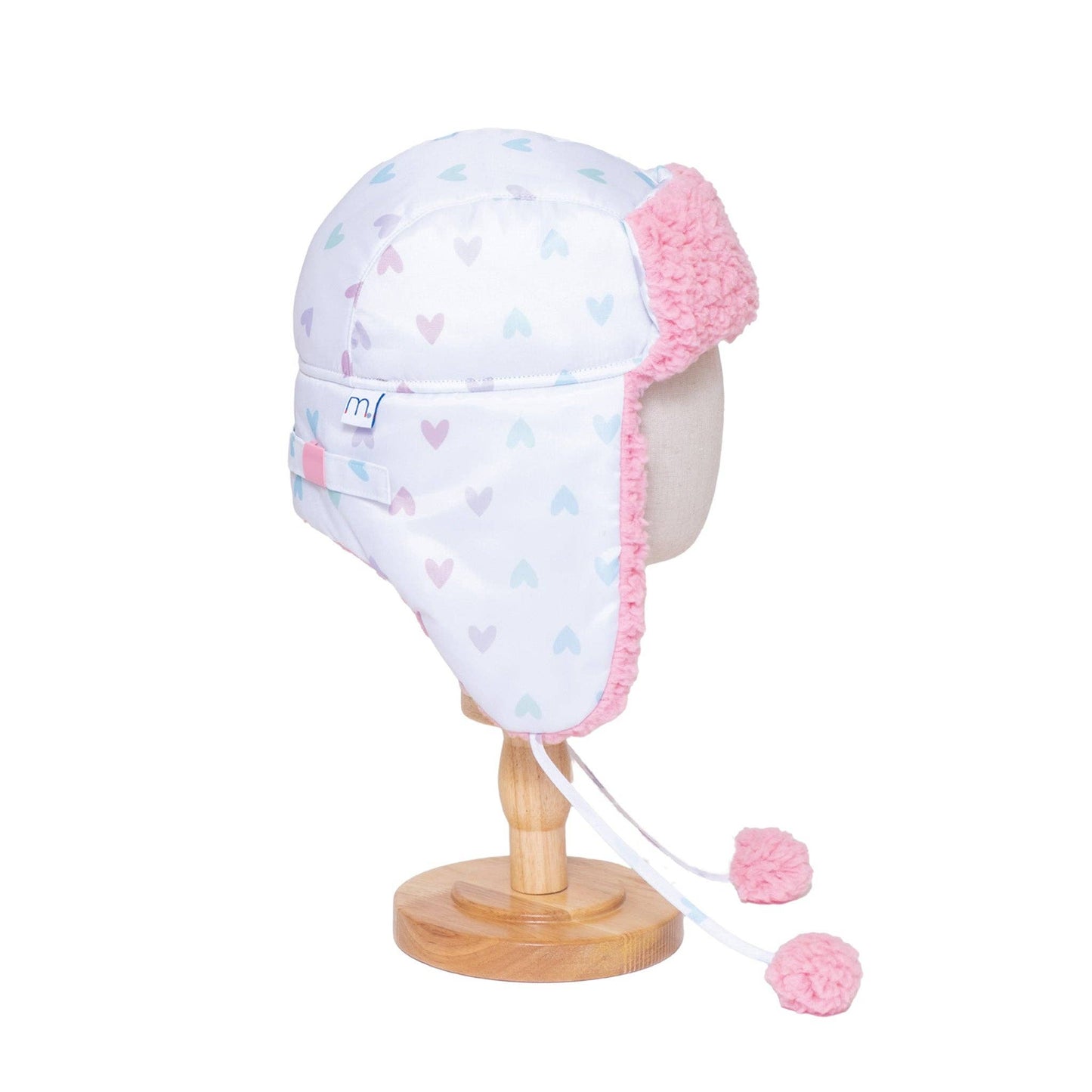 The Cozy Trapper Hat – Hearts Print with Cosmos Pink Sherpa Liner & Pompoms