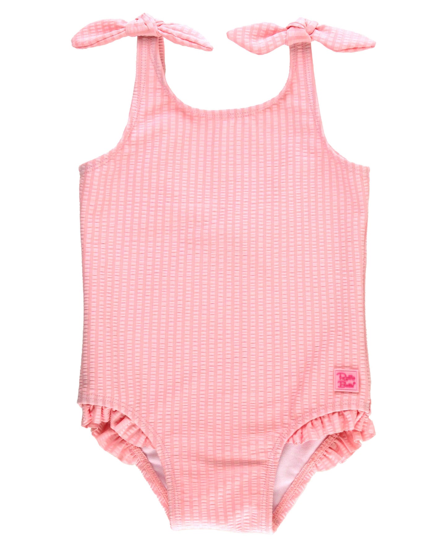 Girls Pink Seersucker Tie Shoulder One Piece