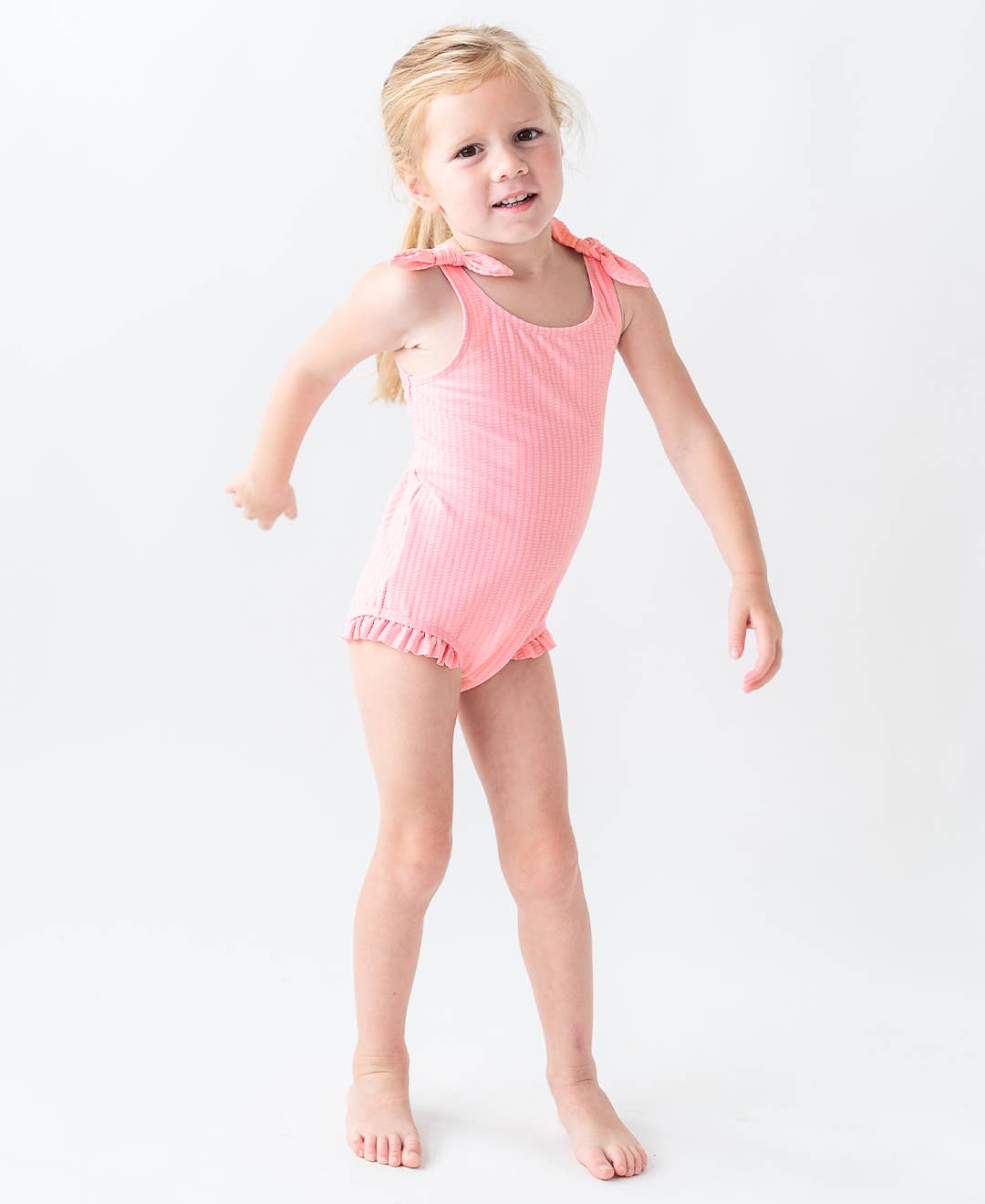 Girls Pink Seersucker Tie Shoulder One Piece