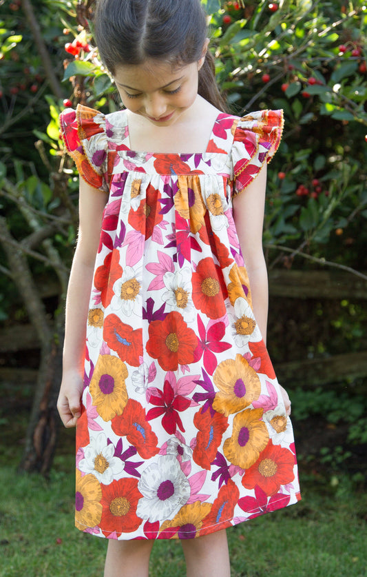 Girls Everly Square Neck Dress | Red and Orange Floral Medley