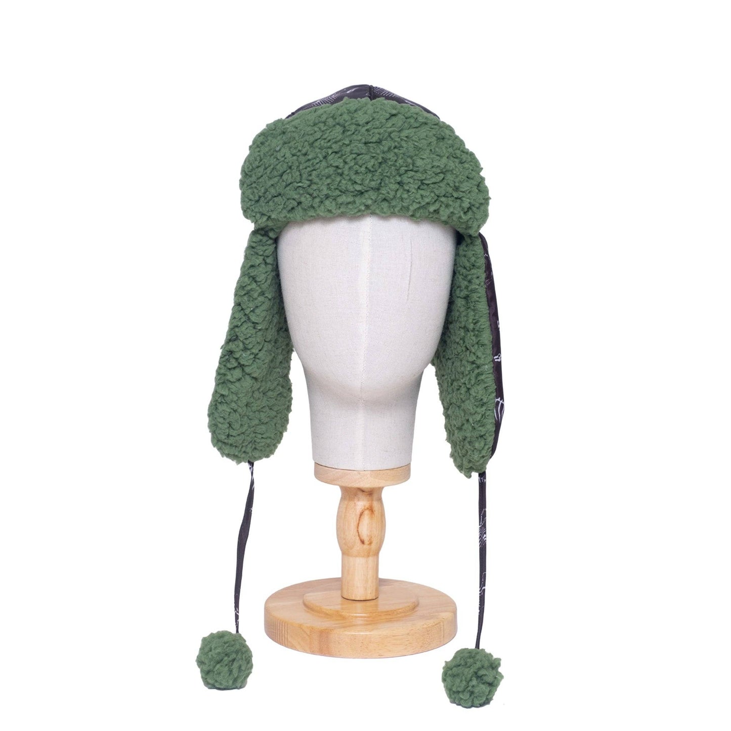 The Cozy Trapper – Dino Bones Print with Katydid Green Sherpa Liner & Pompoms