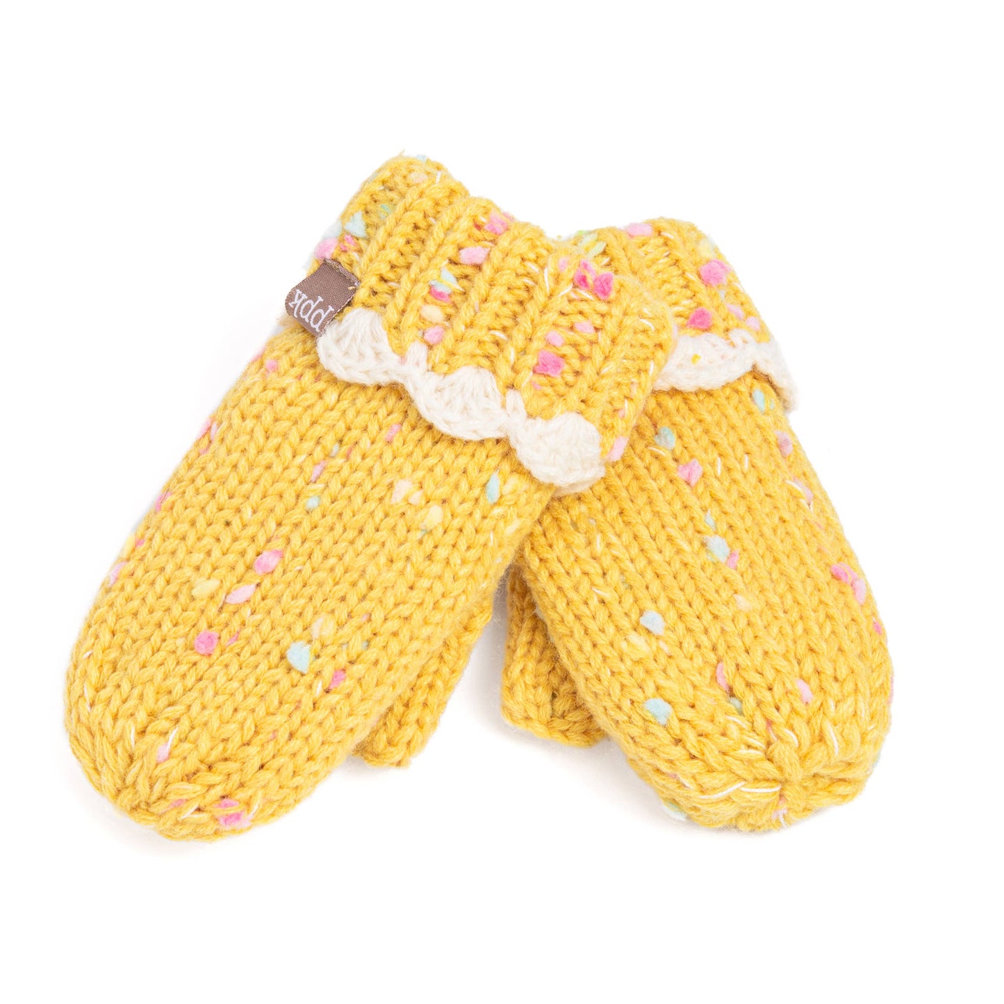 Girls Speckled Knit Mittens with Lace - Yellow 1-3y, 3-6y