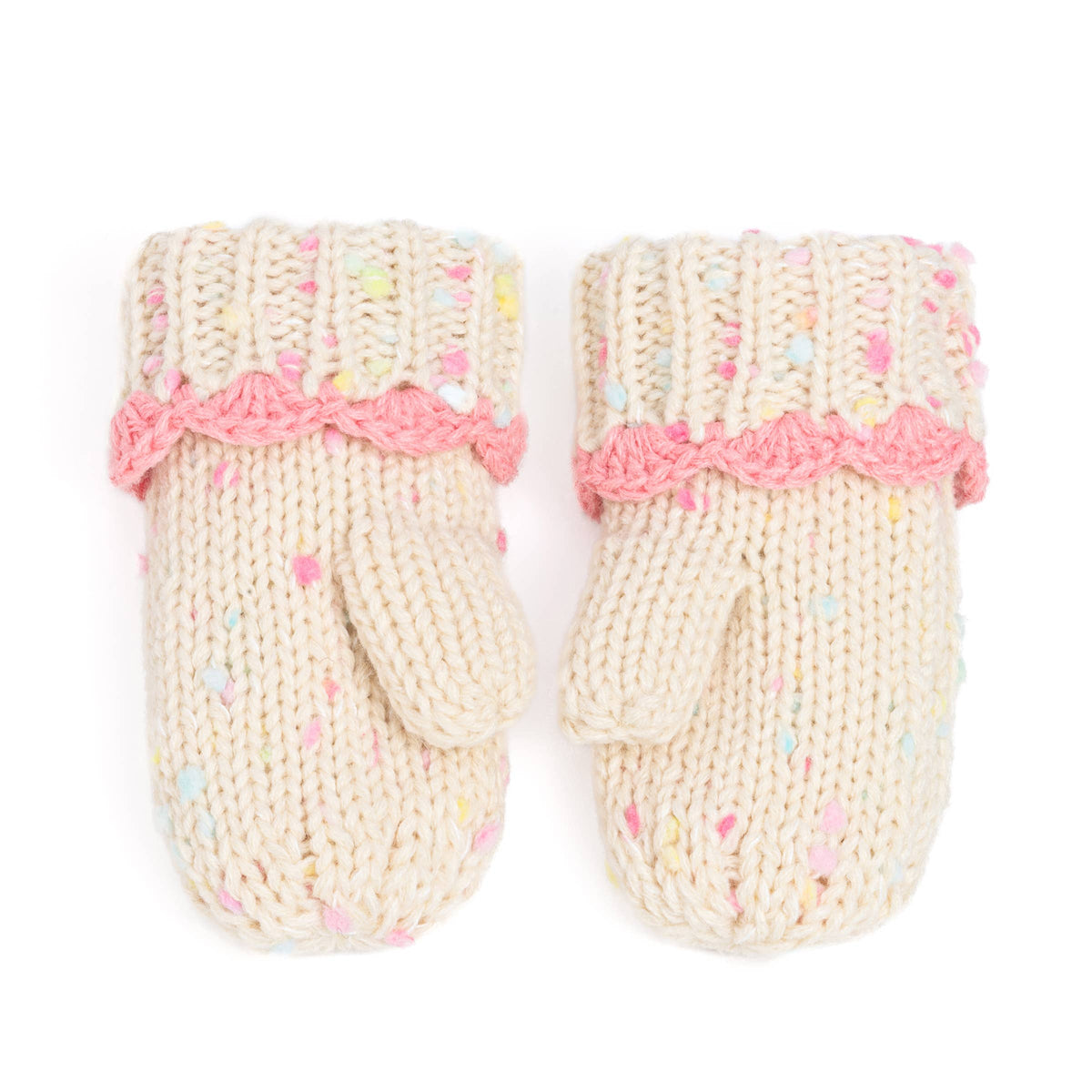 Little Girls Knit Mittens with Lace - Off-White 1-3y, 3-6y
