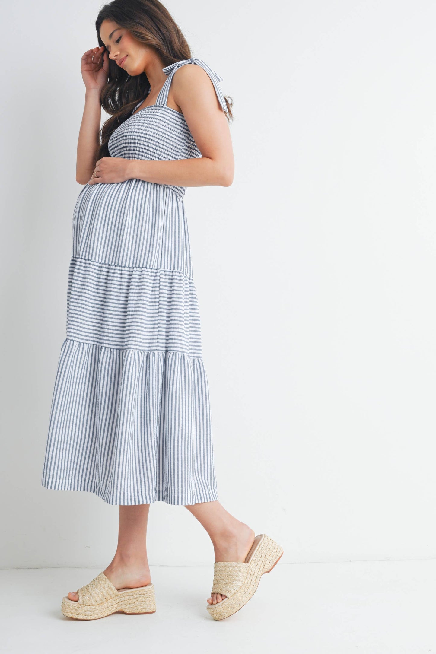 Striped Ruffle Tiered Maternity Midi Dress