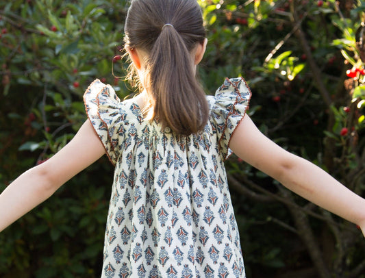 Girls Everly Square Neck Dress | Teal and Brown Jewel Handblock