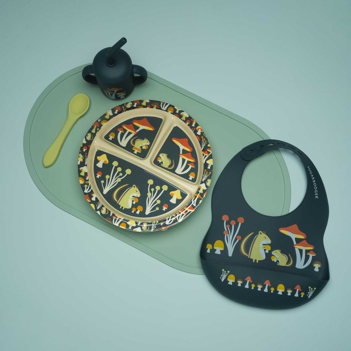 Fresh & Messy Silicone Bib & Spoon Set | Mostly Mushrooms