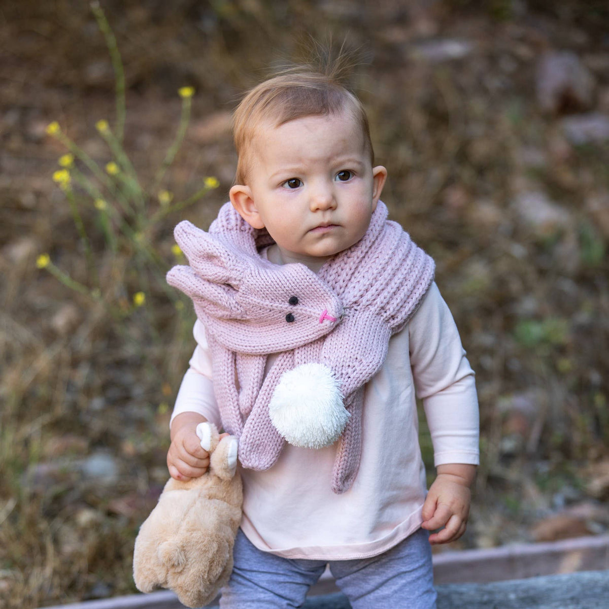 Girls Winter Bunny Scarf - Knit Neck Wrap 3-12, Pale Mauve