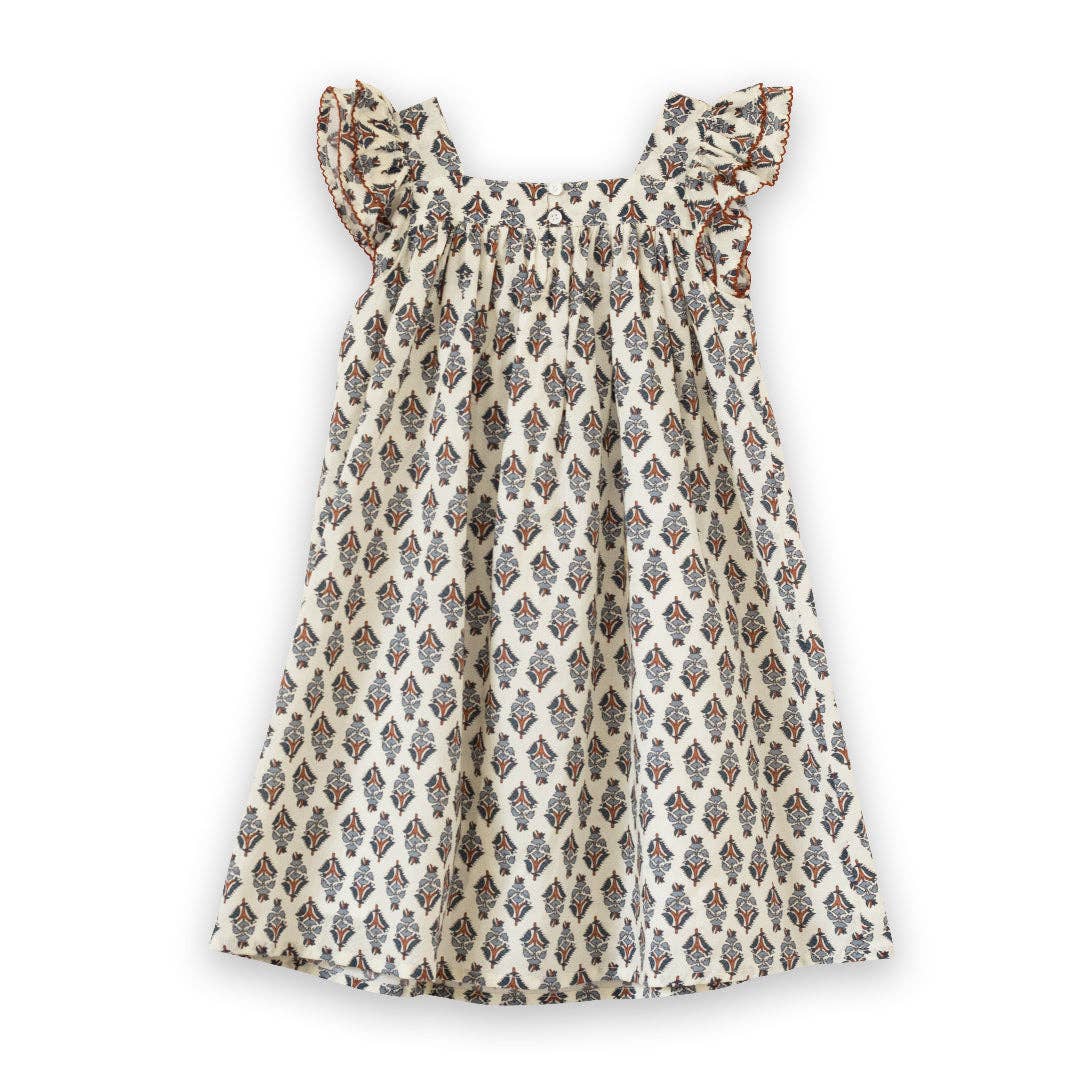 Girls Everly Square Neck Dress | Teal and Brown Jewel Handblock