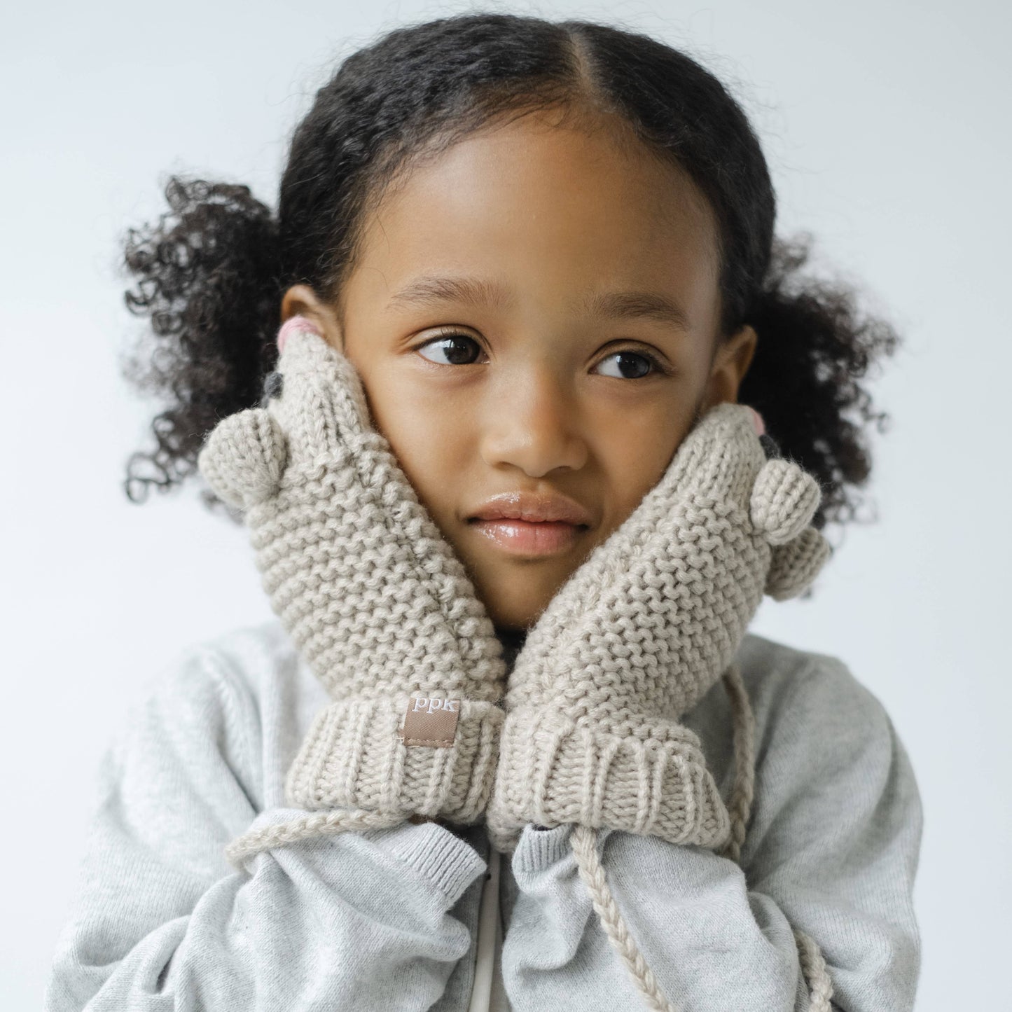 Knitted Mouse Mittens- Toddler / Little Kids - Oat Beige