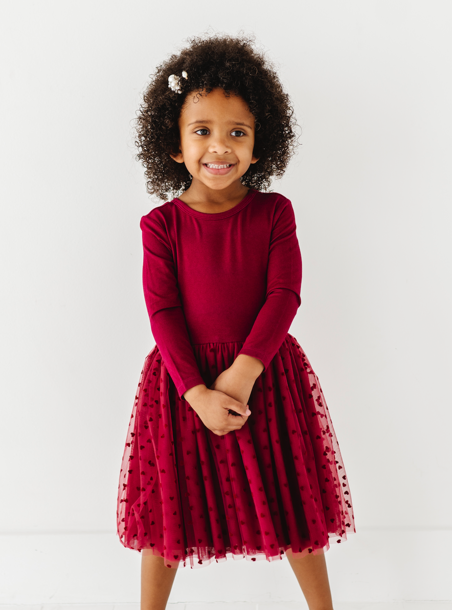 Kids Girls Velvet Heart Holiday Tulle Dress - Ruby