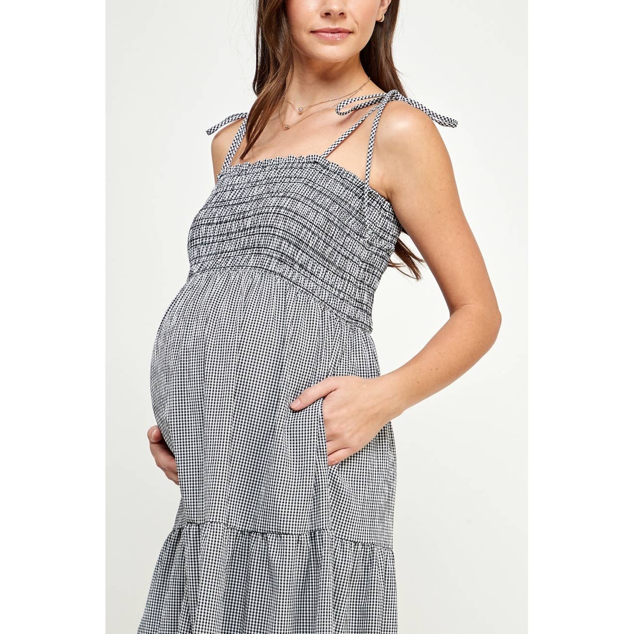 Gingham Smocked Tie-Shoulder Maternity Maxi Dress