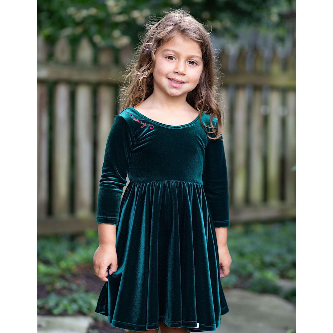 Christmas 2025 Holiday Twirly Dress in Green Velvet