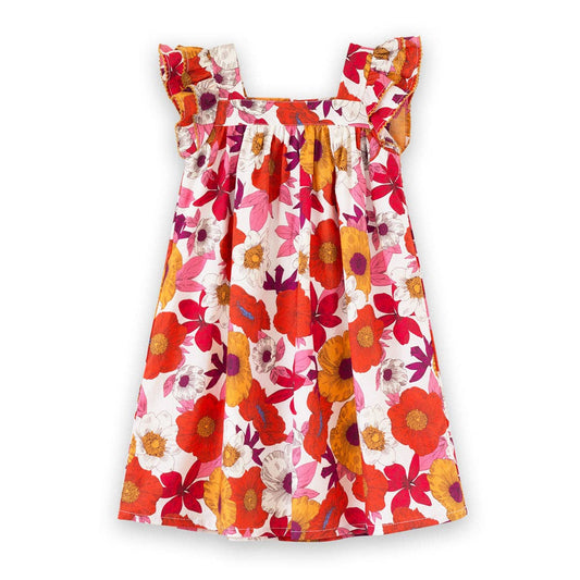 Girls Everly Square Neck Dress | Red and Orange Floral Medley