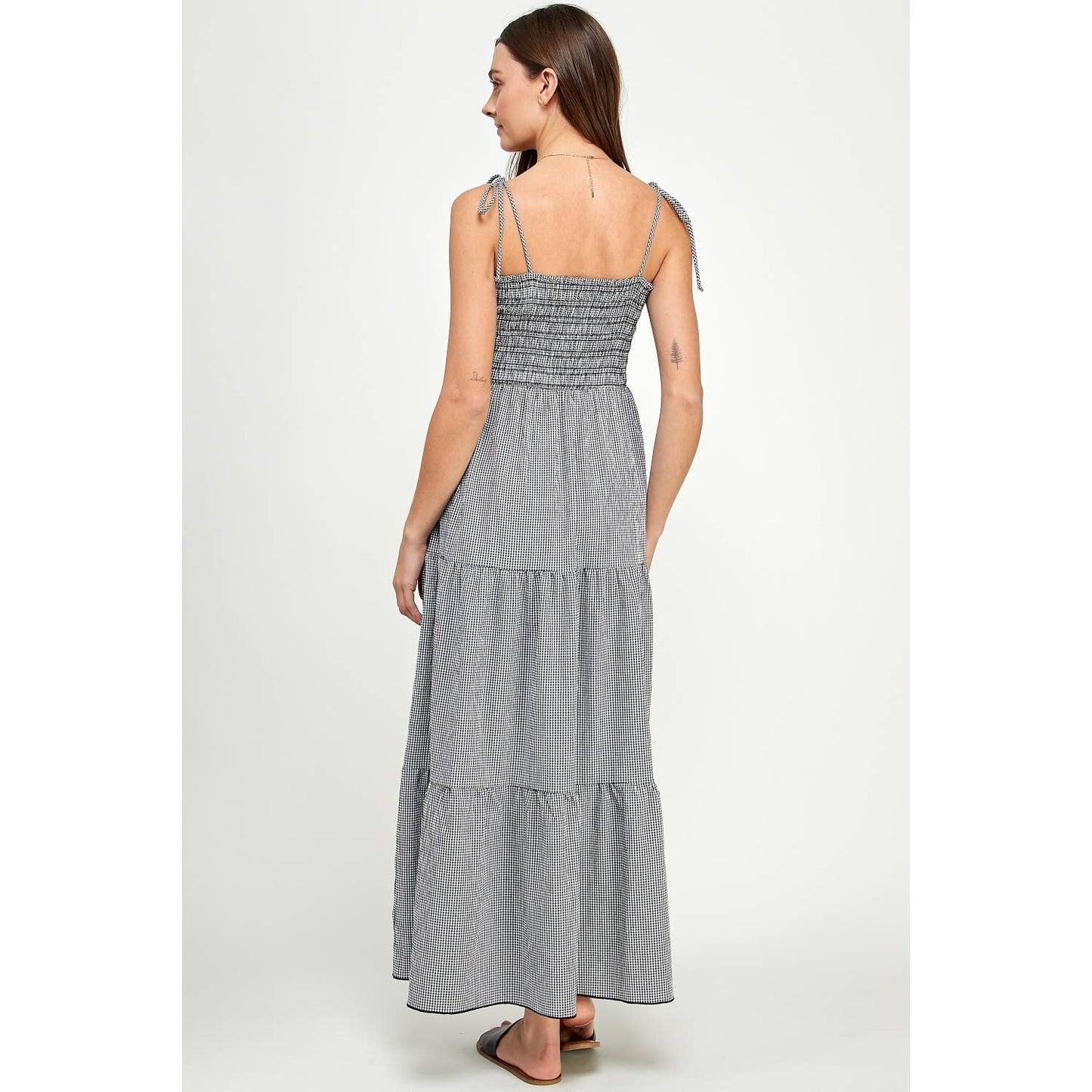 Gingham Smocked Tie-Shoulder Maternity Maxi Dress