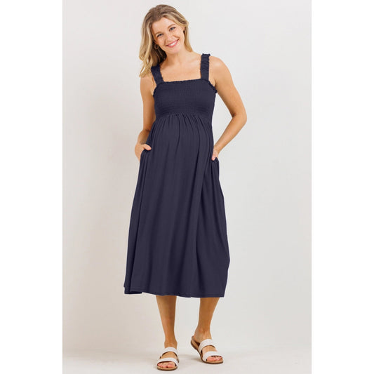 Smocked Midi Maternity Dress | Navy