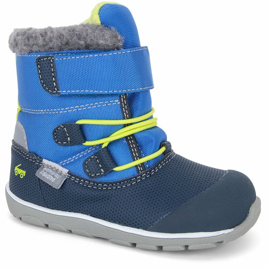 high waterproof insulated winter boot for toddlers in blue with bright green laces