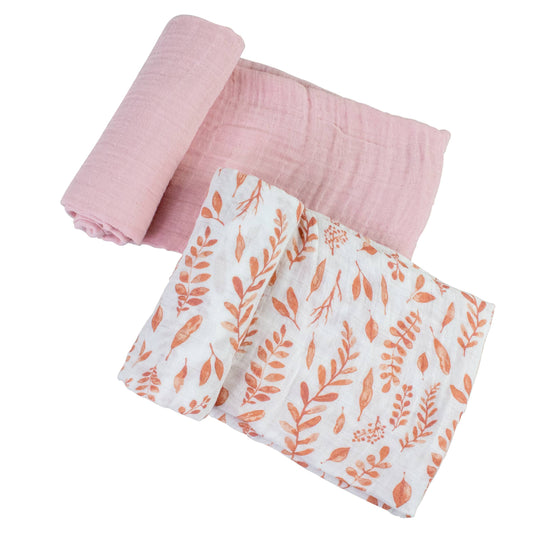 Pink Leaves+Cotton Candy Muslin Swaddle Blanket Set