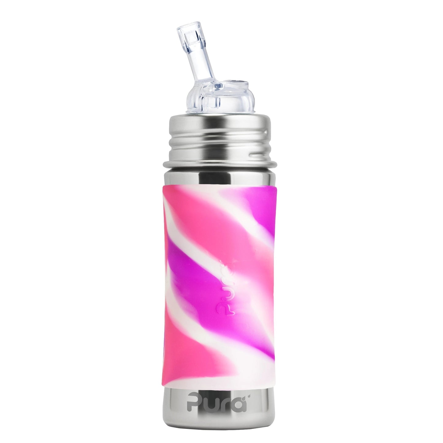 Stainless Steel Non Leak  Sippy Bottle with Silicone Sleeve 11oz | Pink Swirl